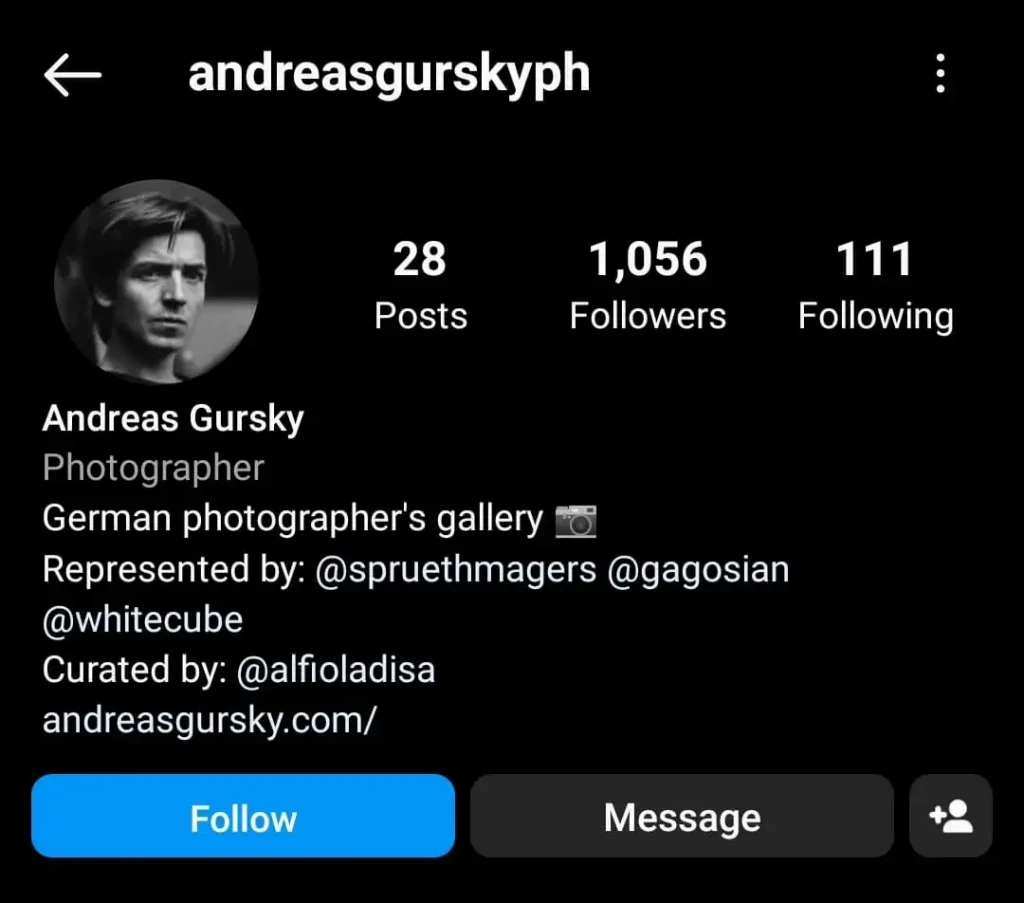 photographer andreas gursky's instagram bio 